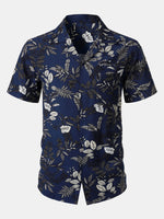 Hawaiian Navy Tropical Leaves Print Casual Shirt