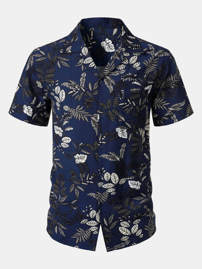 Hawaiian Navy Tropical Leaves Print Casual Shirt