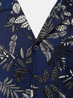 Hawaiian Navy Tropical Leaves Print Casual Shirt