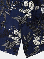 Hawaiian Navy Tropical Leaves Print Casual Shirt