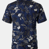 Hawaiian Navy Tropical Leaves Print Casual Shirt