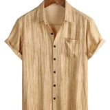 Men's Breathable Cotton Short-Sleeve Shirt with Pocket in Black Stripes