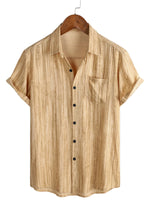 Men's Breathable Cotton Short-Sleeve Shirt with Pocket in Black Stripes