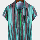 Vintage-Style Green Striped Short-Sleeve Summer Shirt