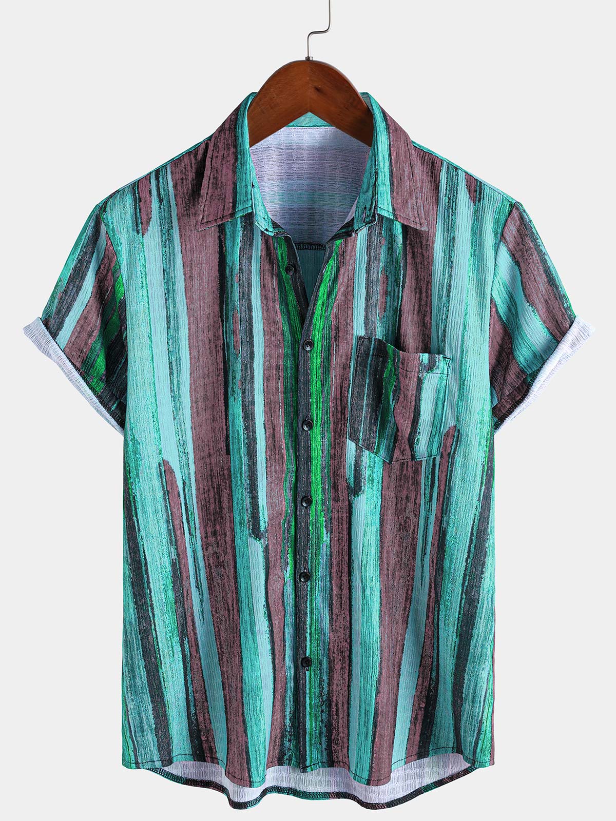 Vintage-Style Green Striped Short-Sleeve Summer Shirt