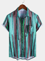 Vintage-Style Green Striped Short-Sleeve Summer Shirt