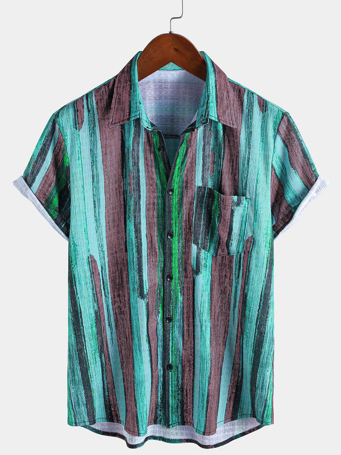 Vintage-Style Green Striped Short-Sleeve Summer Shirt
