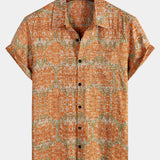 Short-Sleeve Retro, Casual, Button-Up, Pocket, Beach, Vintage, Orange Shirt