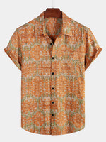 Short-Sleeve Retro, Casual, Button-Up, Pocket, Beach, Vintage, Orange Shirt