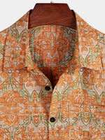 Short-Sleeve Retro, Casual, Button-Up, Pocket, Beach, Vintage, Orange Shirt