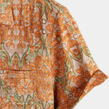 Short-Sleeve Retro, Casual, Button-Up, Pocket, Beach, Vintage, Orange Shirt
