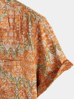 Short-Sleeve Retro, Casual, Button-Up, Pocket, Beach, Vintage, Orange Shirt