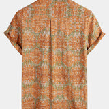 Short-Sleeve Retro, Casual, Button-Up, Pocket, Beach, Vintage, Orange Shirt