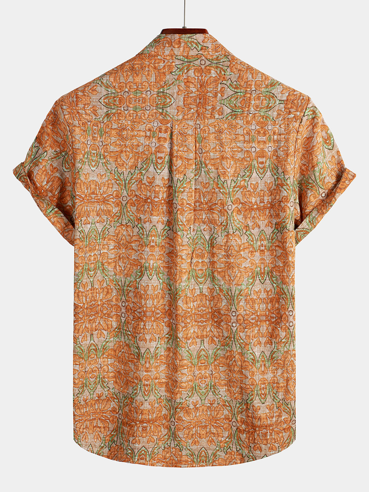 Short-Sleeve Retro, Casual, Button-Up, Pocket, Beach, Vintage, Orange Shirt