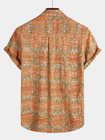 Short-Sleeve Retro, Casual, Button-Up, Pocket, Beach, Vintage, Orange Shirt