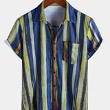 Vintage-Style Yellow Striped Short-Sleeve Summer Shirt
