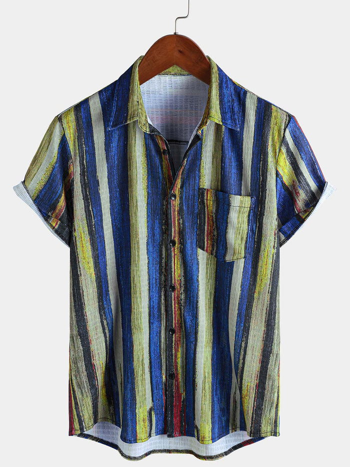 Vintage-Style Yellow Striped Short-Sleeve Summer Shirt