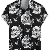 Black Hawaiian Short-Sleeve Shirt for Men with Skull, Hummingbird and Punk Rock Style