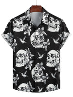 Black Hawaiian Short-Sleeve Shirt for Men with Skull, Hummingbird and Punk Rock Style