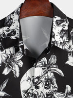 Black Hawaiian Short-Sleeve Shirt for Men with Skull, Hummingbird and Punk Rock Style