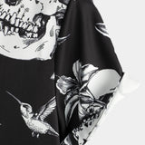 Black Hawaiian Short-Sleeve Shirt for Men with Skull, Hummingbird and Punk Rock Style