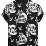 Black Hawaiian Short-Sleeve Shirt for Men with Skull, Hummingbird and Punk Rock Style
