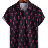 Summer Cotton Short Sleeve Shirt for Men with Pink Punk Rock Skull and Cool Pattern