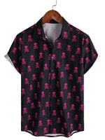 Summer Cotton Short Sleeve Shirt for Men with Pink Punk Rock Skull and Cool Pattern
