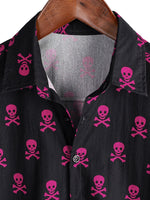 Summer Cotton Short Sleeve Shirt for Men with Pink Punk Rock Skull and Cool Pattern