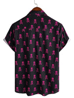 Summer Cotton Short Sleeve Shirt for Men with Pink Punk Rock Skull and Cool Pattern