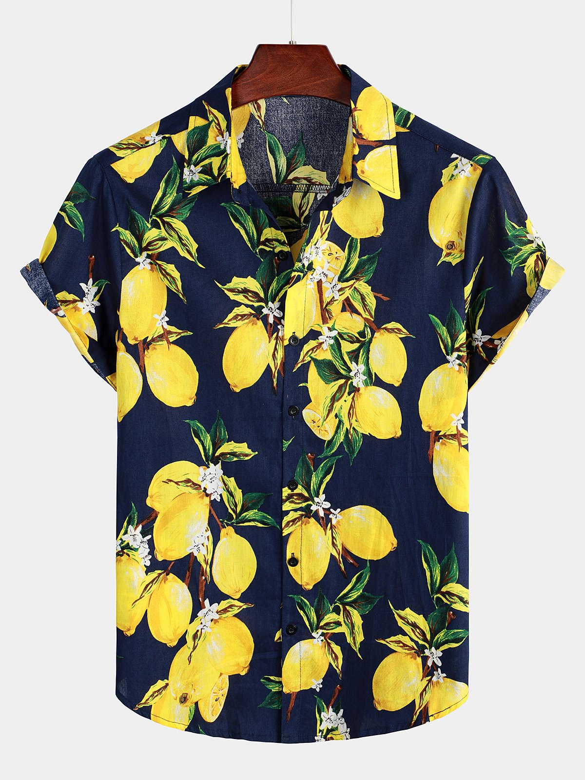 Hawaiian Beach Summer Vacation Short-Sleeve Tropical Lemon Print Shirt