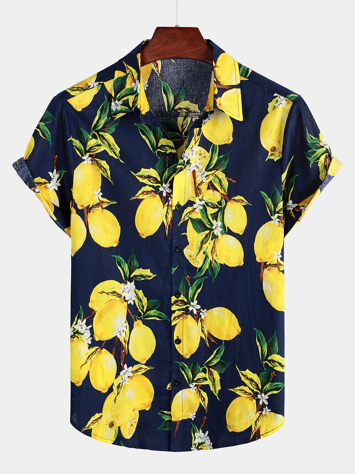 Hawaiian Beach Summer Vacation Short-Sleeve Tropical Lemon Print Shirt