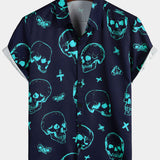 Aloha Hawaiian Short Sleeve Shirt, Blue Skull Print, Artistic Graphic Button