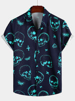 Aloha Hawaiian Short Sleeve Shirt, Blue Skull Print, Artistic Graphic Button