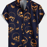 Aloha Cotton Shirt with Short Sleeves, Buttons, and Orange Skull Pattern for Men