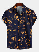 Aloha Cotton Shirt with Short Sleeves, Buttons, and Orange Skull Pattern for Men