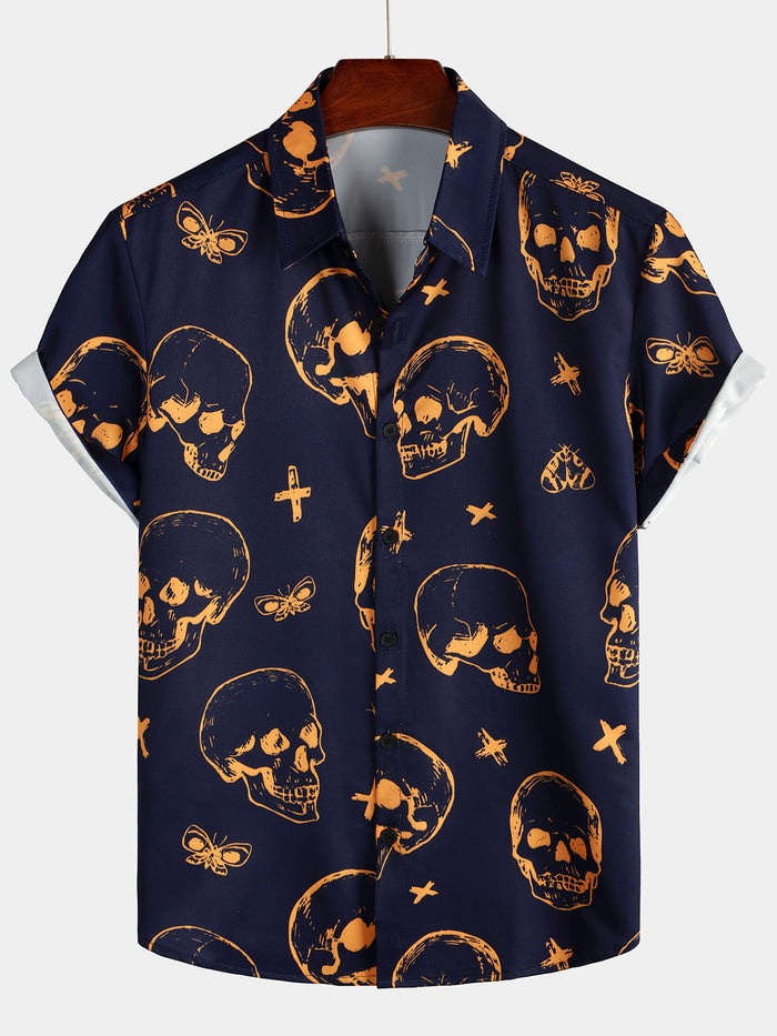 Aloha Cotton Shirt with Short Sleeves, Buttons, and Orange Skull Pattern for Men