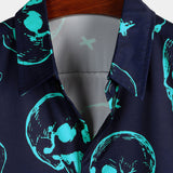 Aloha Hawaiian Short Sleeve Shirt, Blue Skull Print, Artistic Graphic Button