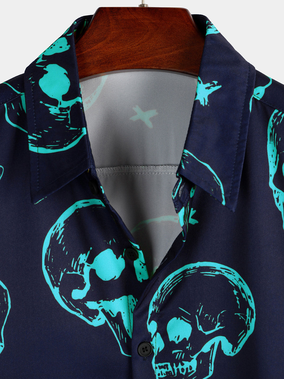 Aloha Hawaiian Short Sleeve Shirt, Blue Skull Print, Artistic Graphic Button