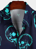 Aloha Hawaiian Short Sleeve Shirt, Blue Skull Print, Artistic Graphic Button