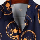 Aloha Cotton Shirt with Short Sleeves, Buttons, and Orange Skull Pattern for Men