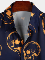 Aloha Cotton Shirt with Short Sleeves, Buttons, and Orange Skull Pattern for Men