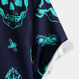 Aloha Hawaiian Short Sleeve Shirt, Blue Skull Print, Artistic Graphic Button