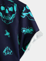 Aloha Hawaiian Short Sleeve Shirt, Blue Skull Print, Artistic Graphic Button