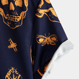 Aloha Cotton Shirt with Short Sleeves, Buttons, and Orange Skull Pattern for Men