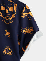 Aloha Cotton Shirt with Short Sleeves, Buttons, and Orange Skull Pattern for Men