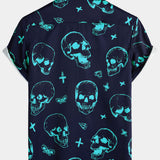 Aloha Hawaiian Short Sleeve Shirt, Blue Skull Print, Artistic Graphic Button
