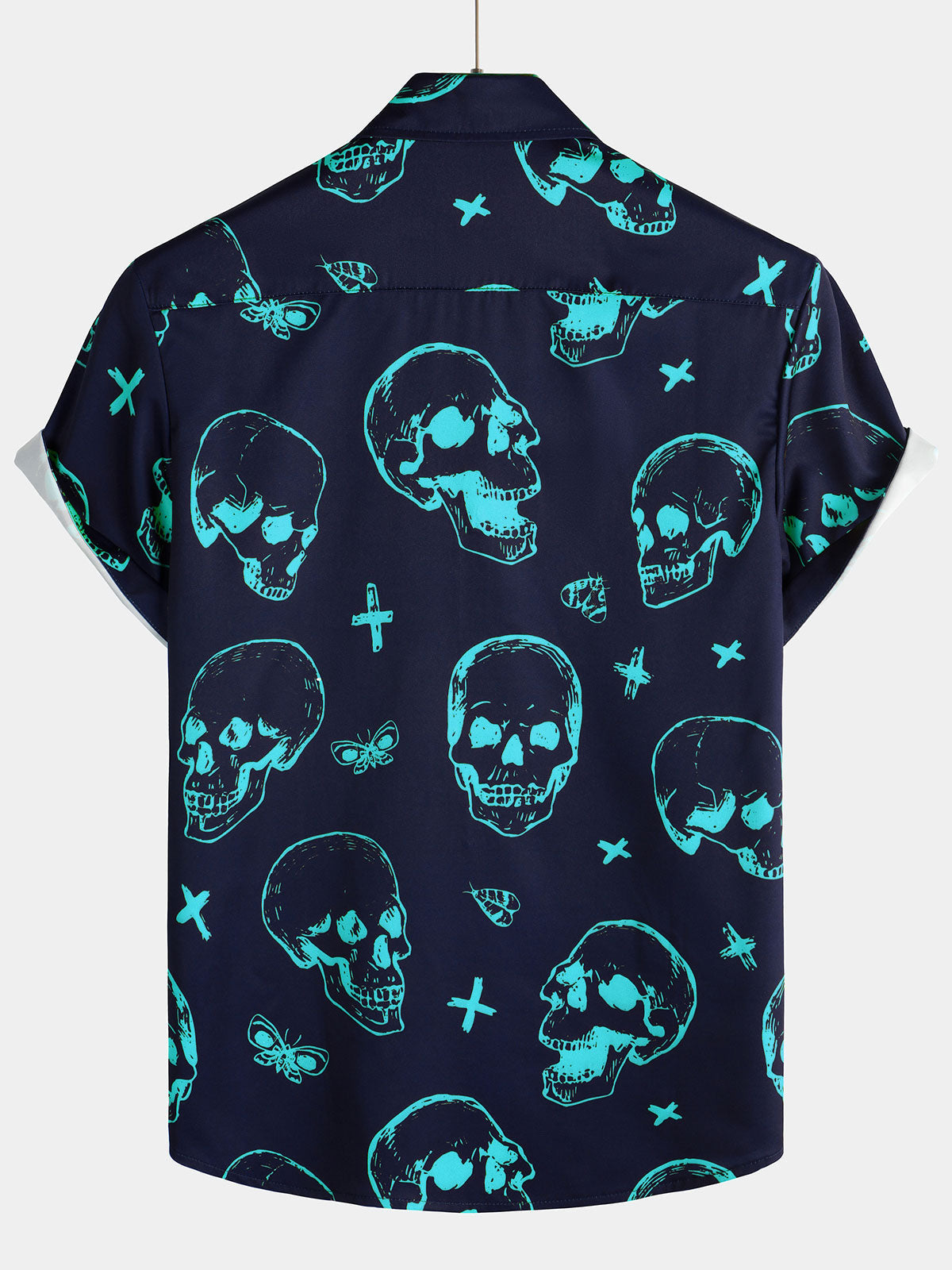 Aloha Hawaiian Short Sleeve Shirt, Blue Skull Print, Artistic Graphic Button