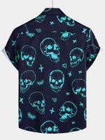 Aloha Hawaiian Short Sleeve Shirt, Blue Skull Print, Artistic Graphic Button