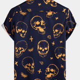Aloha Cotton Shirt with Short Sleeves, Buttons, and Orange Skull Pattern for Men